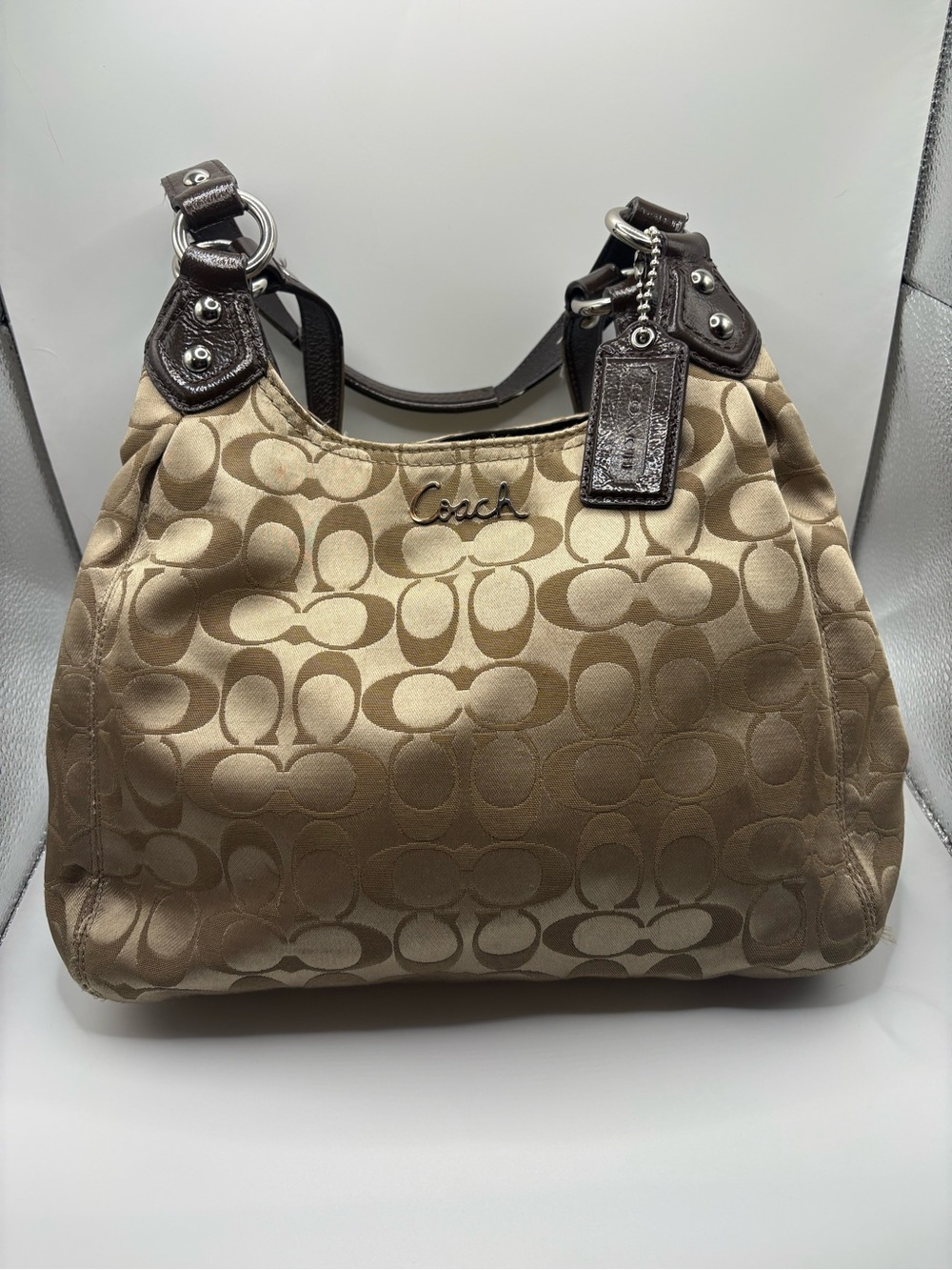 Y2K Coach Signature Ashley Hobo in Beige with Dark Brown Trim